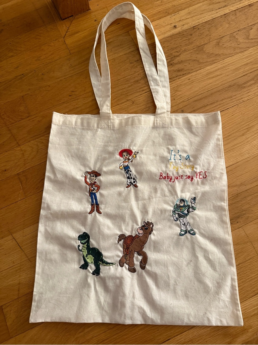 Kids Cream Canvas Tote Bag with Toy Story Characters - embroidered